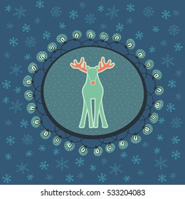 Christmas and New Year vintage ornate frame with Santa deer symbol. Doodle illustration greeting card. Hand drawn background.