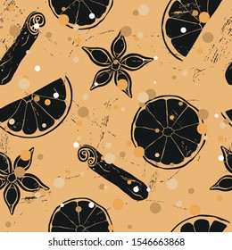 Christmas and New Year vintage seamless pattern with mulled wine ingredients: orange, badian, cinnamon. Repeated pattern in old retro style grunge design craft paper imitation.