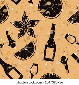 Christmas and New Year vintage seamless pattern with mulled wine ingredients: glass, wine bottle, orange, badian, clove, cinnamon. Repeated pattern old retro style grunge design craft paper imitation.