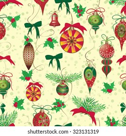 Christmas and New Year vintage seamless pattern with holiday symbols Elegant winter decor for your design of greeting cards, invitation, wrapping paper