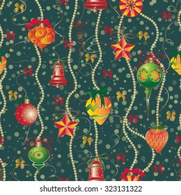Christmas and New Year vintage seamless pattern with holiday symbols Elegant winter decor for your design of greeting cards, invitation, wrapping paper