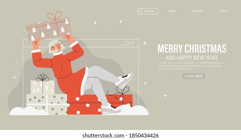 Christmas or new year virtual present or gift delivery service. Send gift online. People sharing presents on the internet. Winter holiday video or conference call. Distant xmas celebration. 