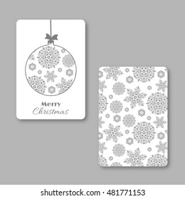 Christmas and New Year visiting card with christmas snowflake ball. White and grey colors, vintage decorative style. Vector illustration.