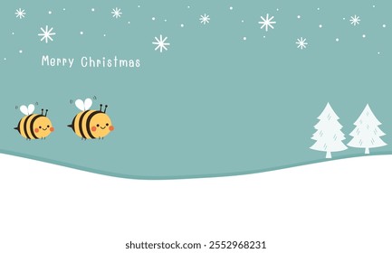 Christmas or New year wallpaper with bee cartoons, snowflakes, pine tree and hand written fonts on winter background vector.