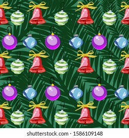 Christmas or new year Wallpaper with Christmas tree branches in the background and Christmas tree toys and bells in the foreground. Vector image.