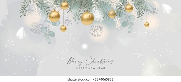 Christmas and New Year watercolor background with golden Christmas balls, fir branches