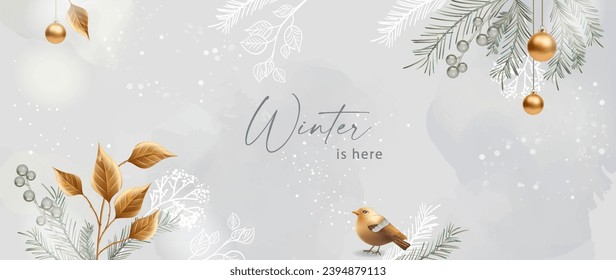 Christmas and New Year watercolor background with golden Christmas balls, fir branches and a cute bird