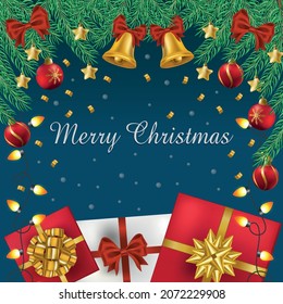 Christmas and New Year web background. Realistic fir pine lush tree. Gift box, glass balls and other holiday elements. Postcard, banner, poster, template for social networks - Vector illustration