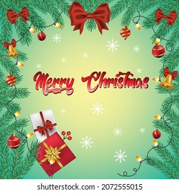 Christmas and New Year web background. Realistic fir pine lush tree. Gift box, glass balls and other holiday elements. Postcard, banner, poster, template for social networks - Vector illustration