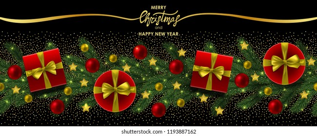 Christmas and New Year web banner with glitter, gifts, toys on black background. Winter holiday pattern for fliers, wallpaper, greeting card, sale and invitation with text place.