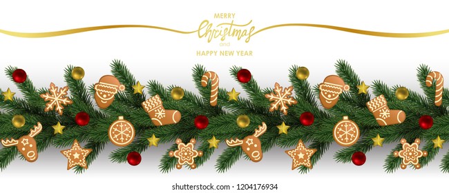 Christmas and New Year web banner with gingerbread and toys on white background. Repeat winter holiday template for wallpaper, greeting card, site design and invites with text place.