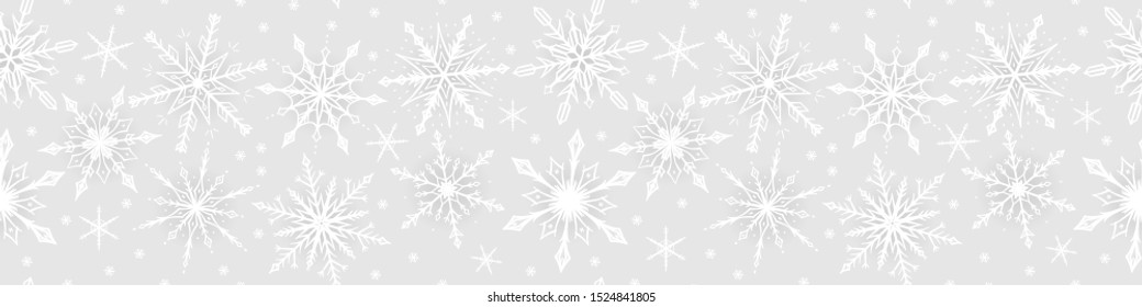 Christmas and New Year Web Banner. Winter Holiday Card Horizontal Seamless Border of Snowflakes. Snow Poster. Light Gray Background