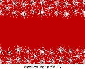 Christmas and New Year Web Banner. Winter Holiday Card Horizontal Seamless Border of Snowflakes. Snow Poster with Copy Space. Red Background