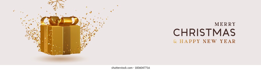 Christmas and New Year web banner, header for website. Golden realistic 3d gift box, gold snowflake and tinsel confetti. Xmas flyer, brochure, horizontal holiday background. vector illustration