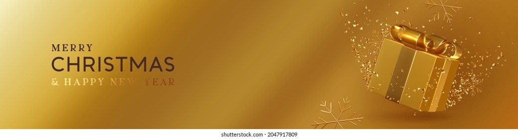 Christmas and New Year web banner, header for website. Golden realistic 3d gift box, gold snowflake and tinsel confetti. Xmas flyer, brochure, horizontal holiday background. vector illustration