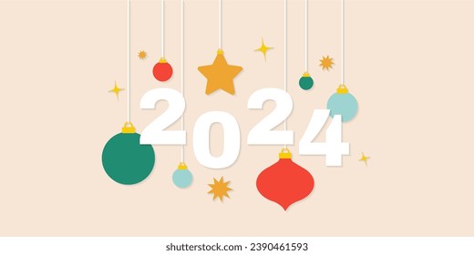 Christmas and New Year web concept in flat style with 2024 text and Christmas decoration elements. 