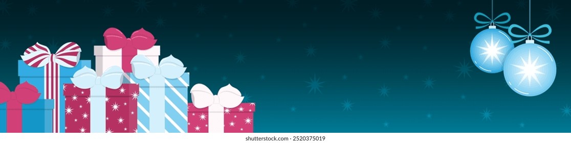 Christmas and New Year web header or banner with bunch of gift boxes and balls of blue and pink colors on dark background. Long horizontal vector template with copy space for website holiday design.