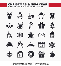 Christmas and New Year web icon set. Vector collection for Xmas and Season's Greetings themes. Black symbols isolated on white background.