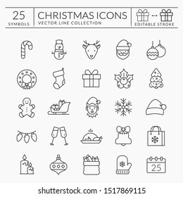 Christmas and New Year web icon set. Outline vector collection for winter holiday themes. Black symbols isolated on white background - Santa, snowman, Christmas tree, snowflake, etc. Editable stroke.