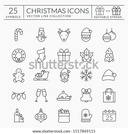 Christmas and New Year web icon set. Outline vector collection for winter holiday themes. Black symbols isolated on white background - Santa, snowman, Christmas tree, snowflake, etc. Editable stroke.