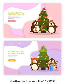 Christmas and New Year web page with links, penguin in hat holding socks vector. Little animal enjoying gift box near decorated fir-tree, holiday window