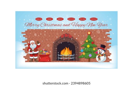 Weihnachts- und Neujahrswebseiten-Vorlage. Landing Seite mit Symbolen der Winterferien. Weihnachtsbaum, Weihnachtsmann, Schneemann, Kamin, Schnee, Tasche mit Geschenken. Vektorgrafik für die Homepage.