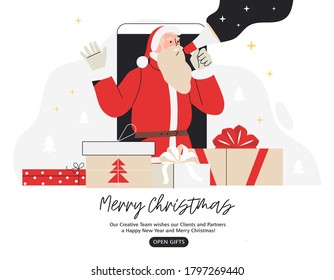 Christmas or new year web or social media banner, landing page, greeting card, poster. Smartphone with santa claus shouting in loud speaker. X-mas celebration with gifts and presents. Secret Santa.