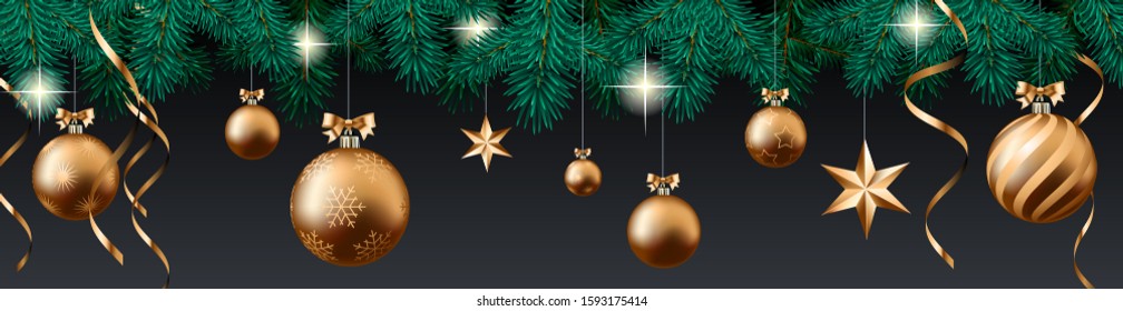 Christmas and New Year website header or banner vector template with pine branches, balls, stars, serpentine, lights on black background.
