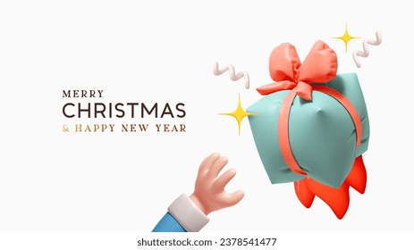 Christmas and New Year white background. Hand takes for a blue gift box. Realistic 3d design with festive elements. Holiday Xmas banner, web poster. Vector illustration