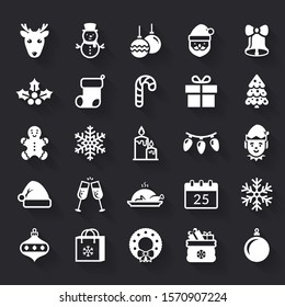 Christmas and New Year white flat icons. Winter holiday set: Santa, Elf, snowman, gingerbread cookie, Christmas tree, snowflakes, deer, gifts. Vector symbols with shadows isolated on black background.