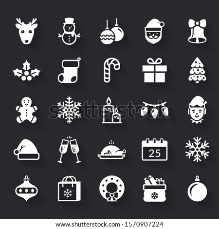 Christmas and New Year white flat icons. Winter holiday set: Santa, Elf, snowman, gingerbread cookie, Christmas tree, snowflakes, deer, gifts. Vector symbols with shadows isolated on black background.