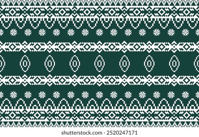 Christmas and New Year white and green seamless pattern, fairytale pixel pattern in white and green with Nordic snowflakes for winter hats, ugly sweaters, jumpers. wallpaper, paper or other design