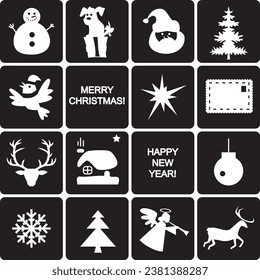 christmas and new year white icons on  black background