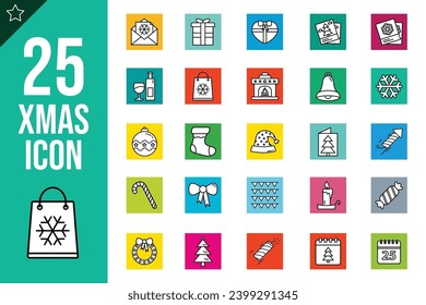 Christmas and New Year White Square Icon Set Vector Illustration Isolated on Transparent Background