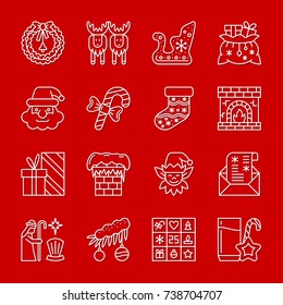 Christmas, New year white thin line with shadow icon set. Vector linear symbol pack. Outline sign without fill. Simple pictogram graphic collection. Concept web, print, card, tag, banner, style design