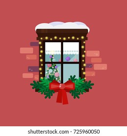 Christmas and new year window with lights garland and decoration. Vector illustration
