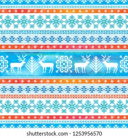 Christmas and New Year winter background. Ornamental seamless pattern. Traditional nordic knitted motives