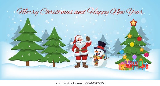 Christmas and New Year winter background with holiday symbols. Santa Claus, Christmas tree, snowman, snow, gift boxes, winter forest. Vector illustration.