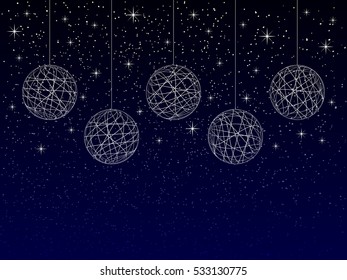 christmas or new year or winter background with blank place for your text on dark background, abstract christmas balls with texture on night sky with snowflakes and stars, holiday vector illustration