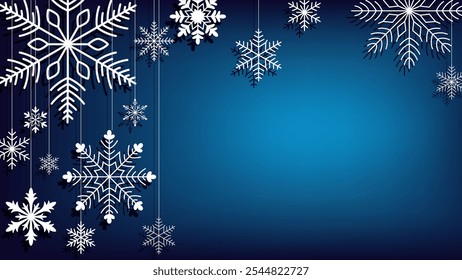 Natal e Ano Novo banner de inverno com flocos de neve de papel em um fundo azul bonito. Pôster para feriados sazonais com imagem de texto. Projeto de Ano Novo.