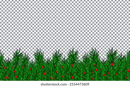 Christmas, New Year, Winter border with realistic branches of Xmas Christmas tree elements for festive design isolated on transparent background