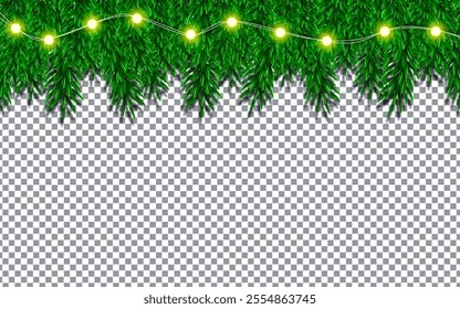 Christmas, New Year, Winter border with realistic branches of Xmas Christmas tree elements for festive design isolated on transparent background