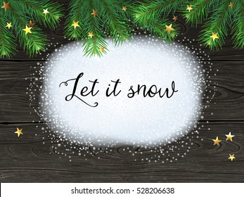 Christmas & New Year winter design: dark wooden background with snow and star shaped golden sequins. Vector illustration, eps10.