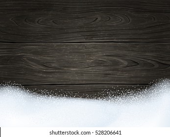 Christmas & New Year winter design: dark wooden background with pile of snow. Vector illustration, eps10.