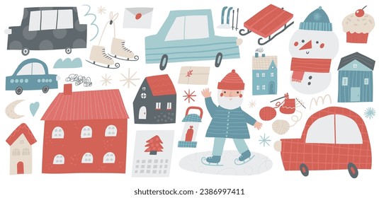 Christmas, New Year winter doodle objects set, Santa, houses, cars, skate, ski, yarn, lamp, snowman, cupcake, sledges, snowflakes, calendar, gift, envelope, moon, hear. Funny cartoon style icons set
