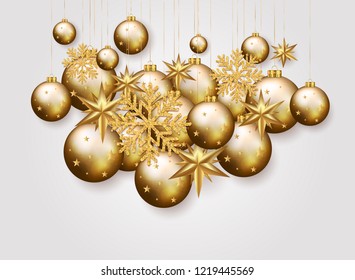 Christmas, New Year and winter elements, gold snowflakes, bubbles, stars on white background. Vector 