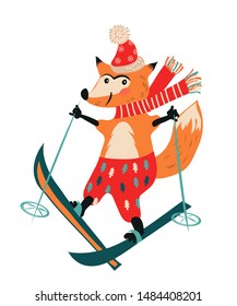 Christmas and New Year winter fox skiing cartoon character for greeting cards flat vector illustration isolated on white background. Cute animal for Xmas design.