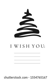 Christmas new year winter holiday cute greeting card with xmas tree wish you card. Vector illustration doodle hand drawn flat style