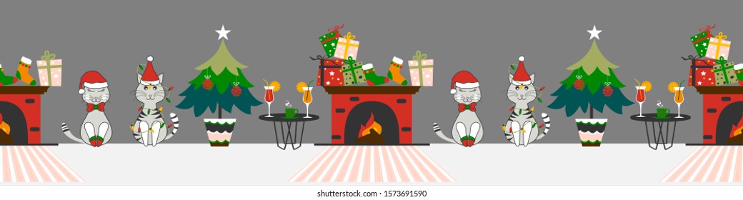 Christmas, new year, and winter holiday banner, border background, living room with fireplace and cute cats seamless horizontal  vector design