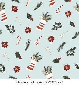 Christmas new year winter holiday seamless pattern with xmas spruce branches and Santa Claus socks. Vector illustration in hand drawn cartoon flat style